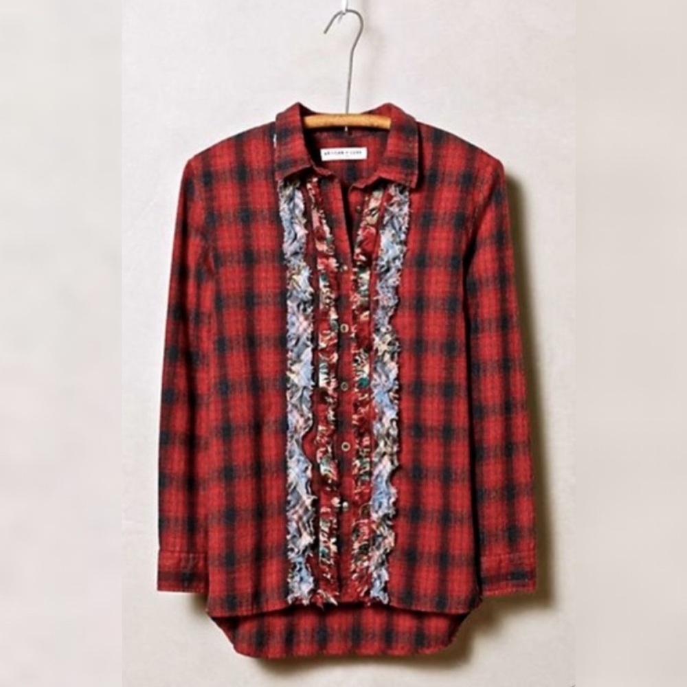 Anthropologie Artisan De Luxe Plaid Ruffle Shirt Red Western Bohemian Size Large - Picture 1 of 8